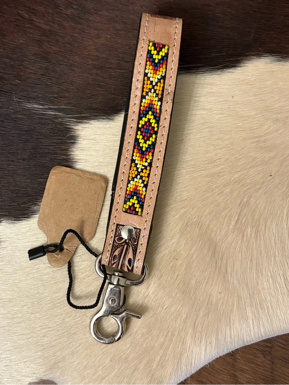 Men's Beaded Leather Key Fob Wristlet - Tan with Multicolor Beads